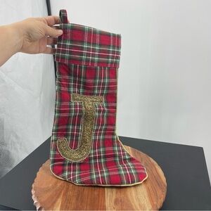 Nicole Miller Red Plaid Christmas Stocking Embellished Beaded “J”